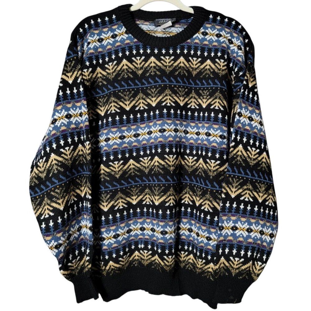 VTG Atlas Mens Blue Geometric Nordic Fair Isle Knit Crewneck Pullover Sweater XL